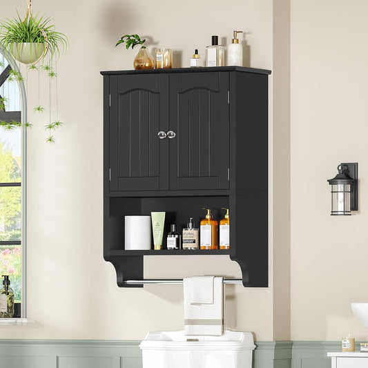 TEENFON Bathroom Wall Cabinet with Adjustable Shelves and Towel Rack, Wall Mounted Over The Toilet Storage Cabinet for Bathroom, Living Room, Black