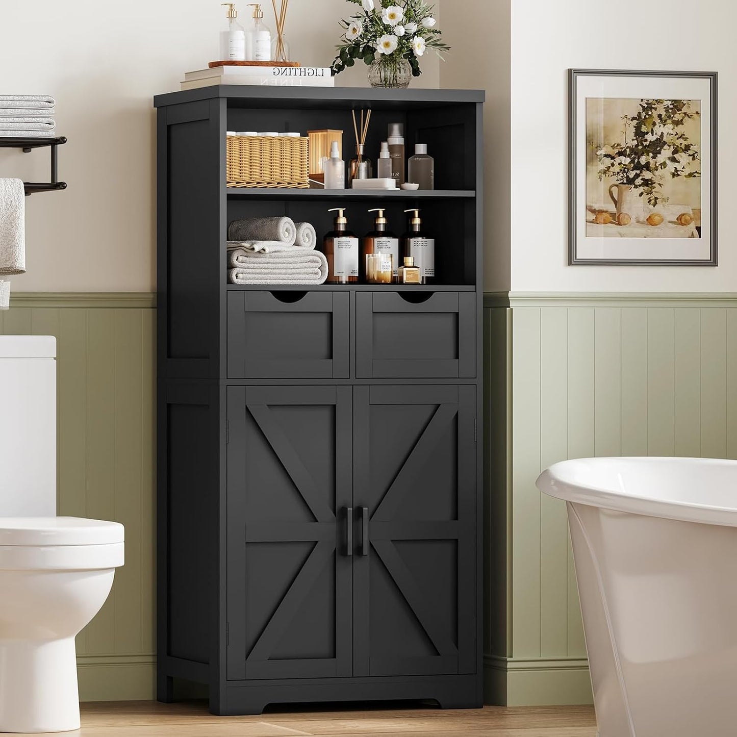 TEENFON Storage Cabinet with Doors & 2 Drawers, Kitchen Cabinet with Adjustable Shelf, Pantry Cabinets, Bathroom Cabinets, for Living Room, Entryway, Home Office, Black