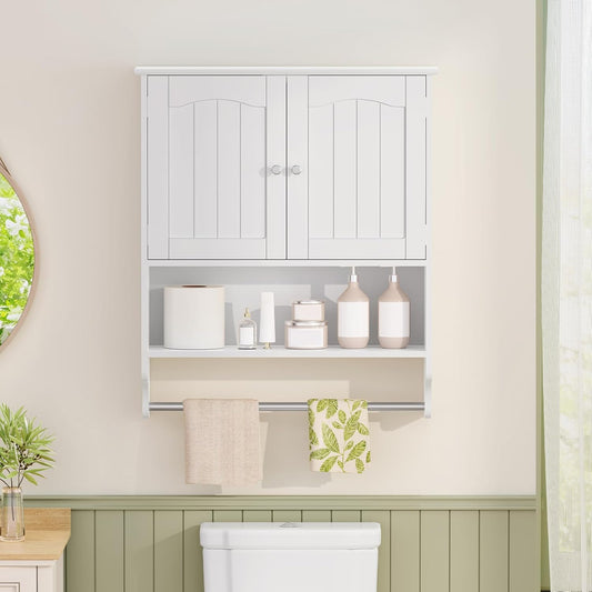 Bathroom Cabinet Wall Mounted with Towel Rack & Adjustable Shelf, Over The Toilet Storage Cabinet, Medicine Cabinet for Bathroom, White