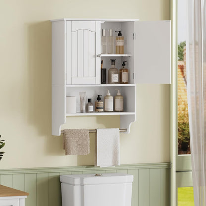 TEENFON Bathroom Wall Cabinet with Adjustable Shelves and Towel Rack, Wall Mounted Over The Toilet Storage Cabinet for Bathroom, Living Room, White