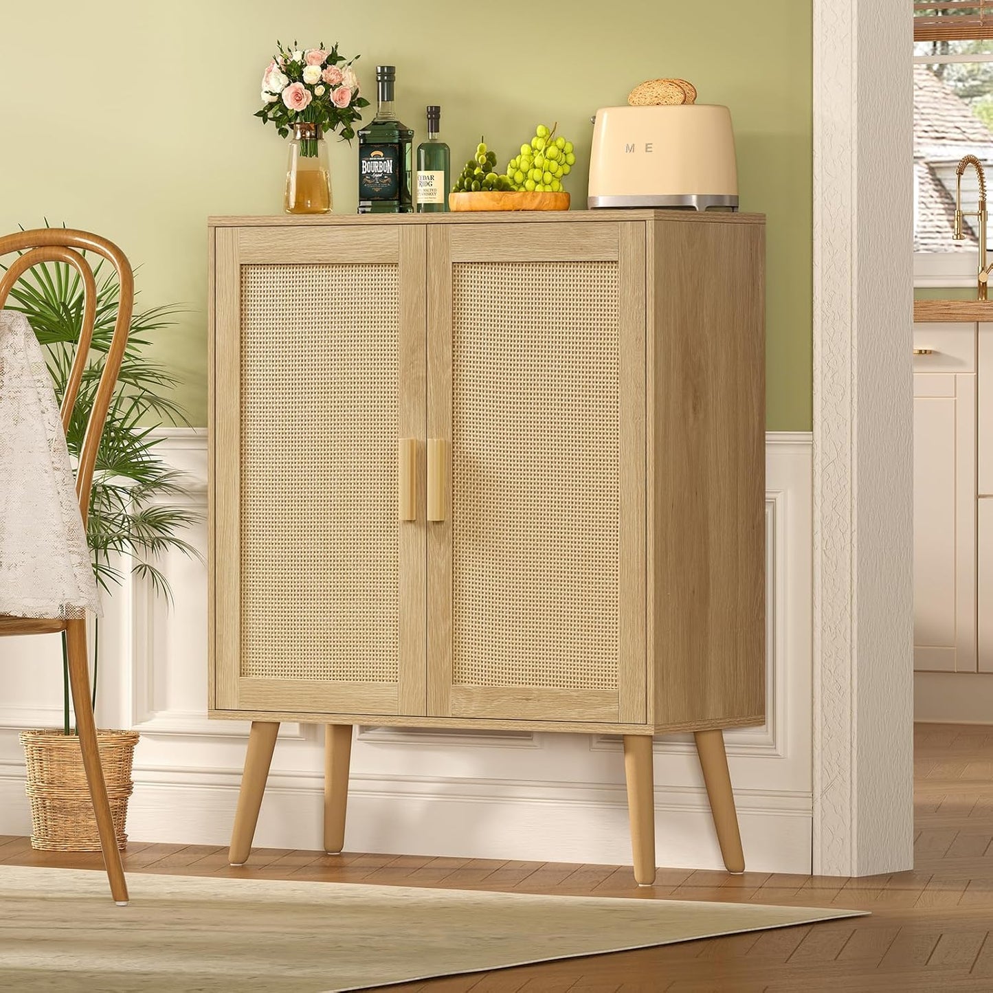 TEENFON Storage Cabinet with 2 Shelves, Rattan Cabinet with 2 Doors, Sideboard Buffet Cabinets with Storage for Living Room, Dining Room, Entryway, Natural
