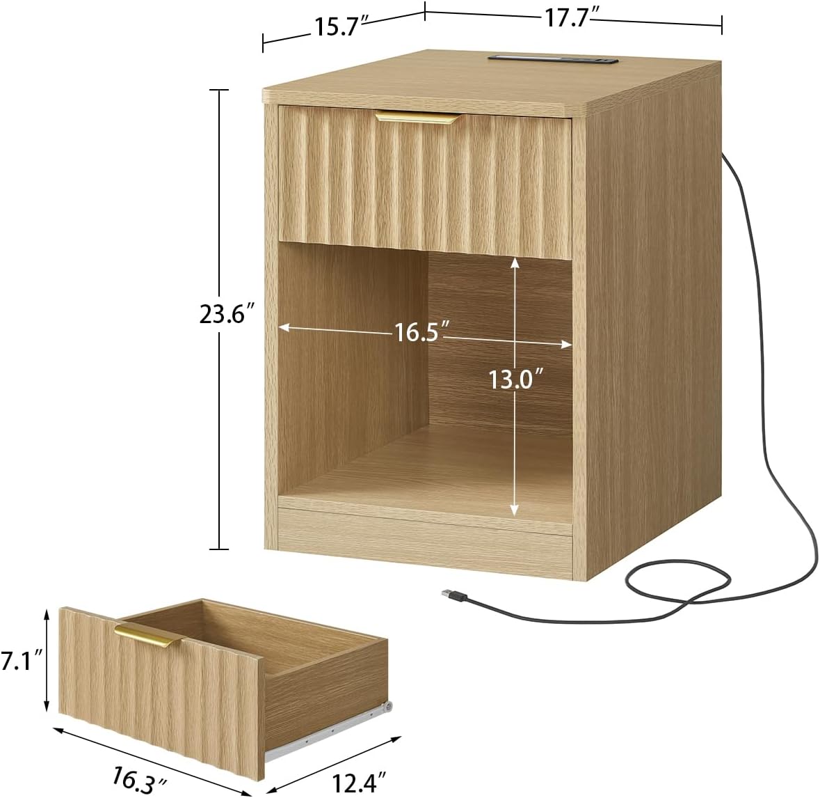TEENFON Fluted Nightstands Set of 2, Bed Side Table with Charging Station and LED Light, Night Stand with Storage Drawer and Open Shelf, End Table for Small Space, Bedroom, Natural