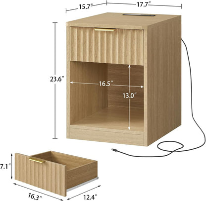 TEENFON Fluted Nightstands Set of 2, Bed Side Table with Charging Station and LED Light, Night Stand with Storage Drawer and Open Shelf, End Table for Small Space, Bedroom, Natural