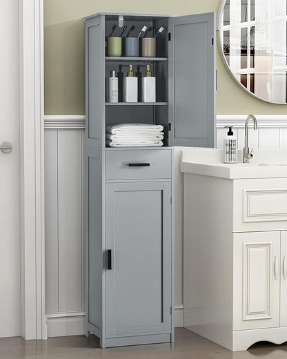 TEENFON 67“ Tall Bathroom Cabinet, Storage Cabinet with 4 Shelves & 2 Doors, Narrow Storage Cabinet for Bathroom, Living Room, Home Office, Greige