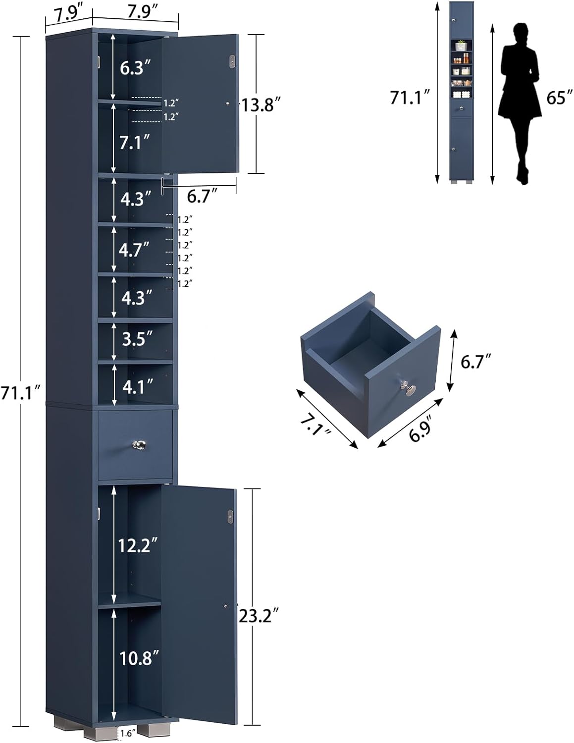 TEENFON Bathroom Cabinet, Narrow Bathroom Storage Cabinet with 5 Adjustable Shelves & Drawer, Freestanding Cupboard for Small Spaces, Blue