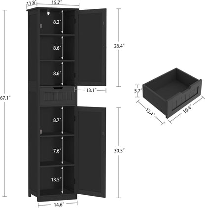 TEENFON  Black Bathroom Cabinet with 2 Doors and 1 Drawer, Bathroom Storage Cabinet with Adjustable Shelves, Narrow Storage Unit for Living Room, Entryway, Kitchen, Black