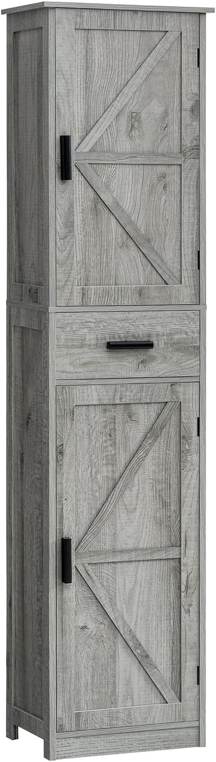 Tall Bathroom Cabinet, Storage Cabinet with 6 Shelves & Drawer, Bathroom Storage Cabinet with Adjustable Shelves, Tall Cabinet for Living Room, Home Office, Grey