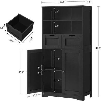 TEENFON Tall Storage Cabinet, Black Storage Cabinet with 2 Drawers & Adjustable Shelves, Bathroom Cabinet for Living Room, Dining Room, Entryway, Black