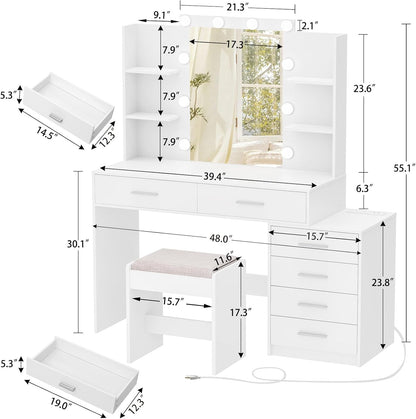 Vanity Desk with Mirror & Lights, Makeup Vanity with 6 Drawers, 6 Open Shelves and Power Outlet, 48” Storage Makeup Vanity Desk with Stool Bench for Women, Girls, Bedroom, White