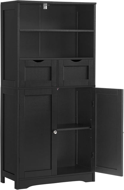 TEENFON Tall Storage Cabinet, Black Storage Cabinet with 2 Drawers & Adjustable Shelves, Bathroom Cabinet for Living Room, Dining Room, Entryway, Black
