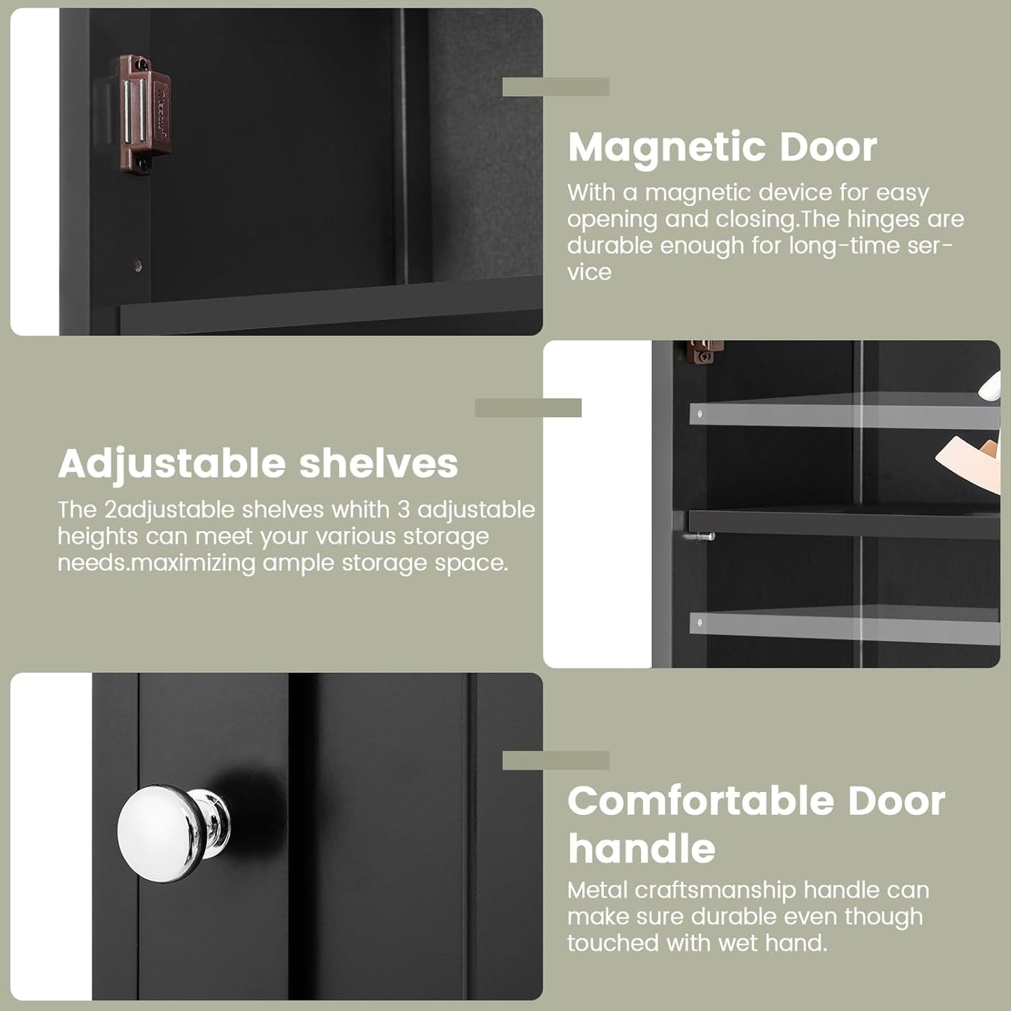 TEENFON  Black Bathroom Cabinet with 2 Doors and 1 Drawer, Bathroom Storage Cabinet with Adjustable Shelves, Narrow Storage Unit for Living Room, Entryway, Kitchen, Black