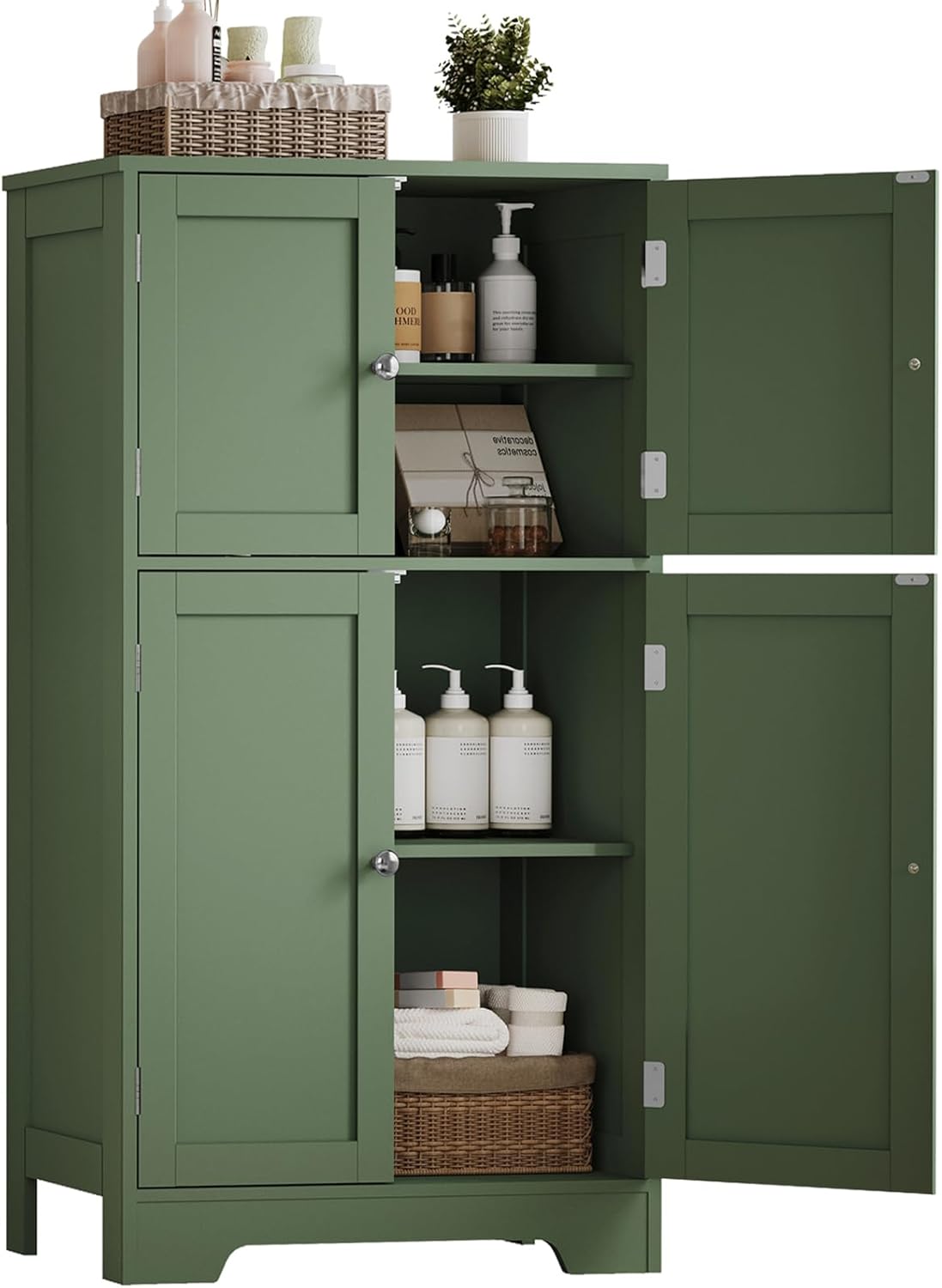 TEENFON Bathroom Floor Storage Cabinet, Freestanding Bathroom Storage Unit with 2 Adjustable Shelves & 4 Doors, 11.8 x 23.6 x 42.7 Inches, White