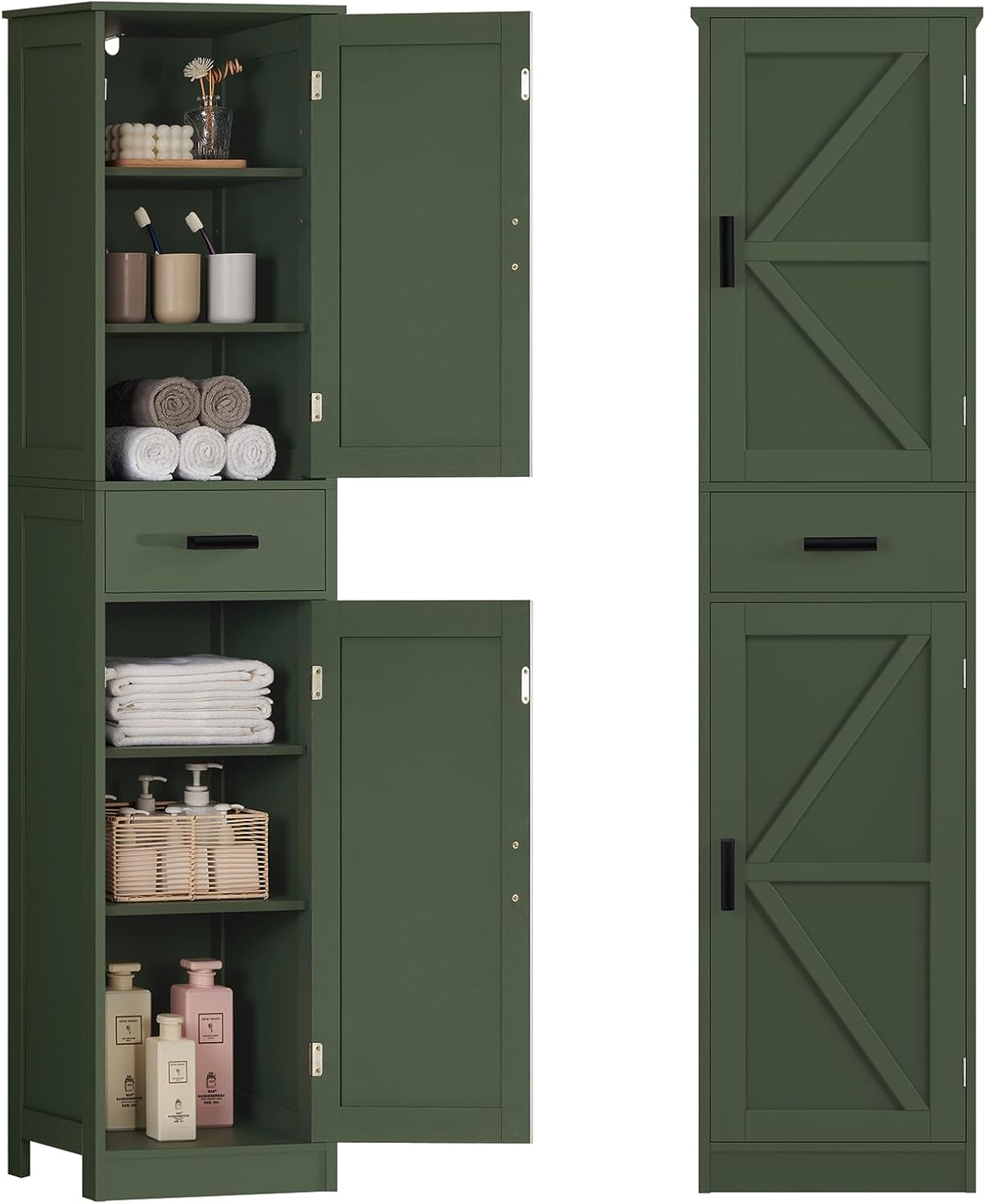 TEENFON Tall Bathroom Cabinet, Storage Cabinet with 6 Shelves & Drawer, Bathroom Storage Cabinet with Adjustable Shelves, Tall Cabinet for Living Room, Home Office, Forset Green