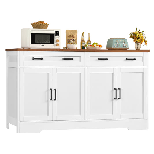 TEENFON 63” Buffet Cabinet with Storage and 2 Drawers, Large Sideboard Cabinet with 2 Adjustable Shelves and 4 Doors, Coffee Bar, Buffet Table for Kitchen, Dining Room, White