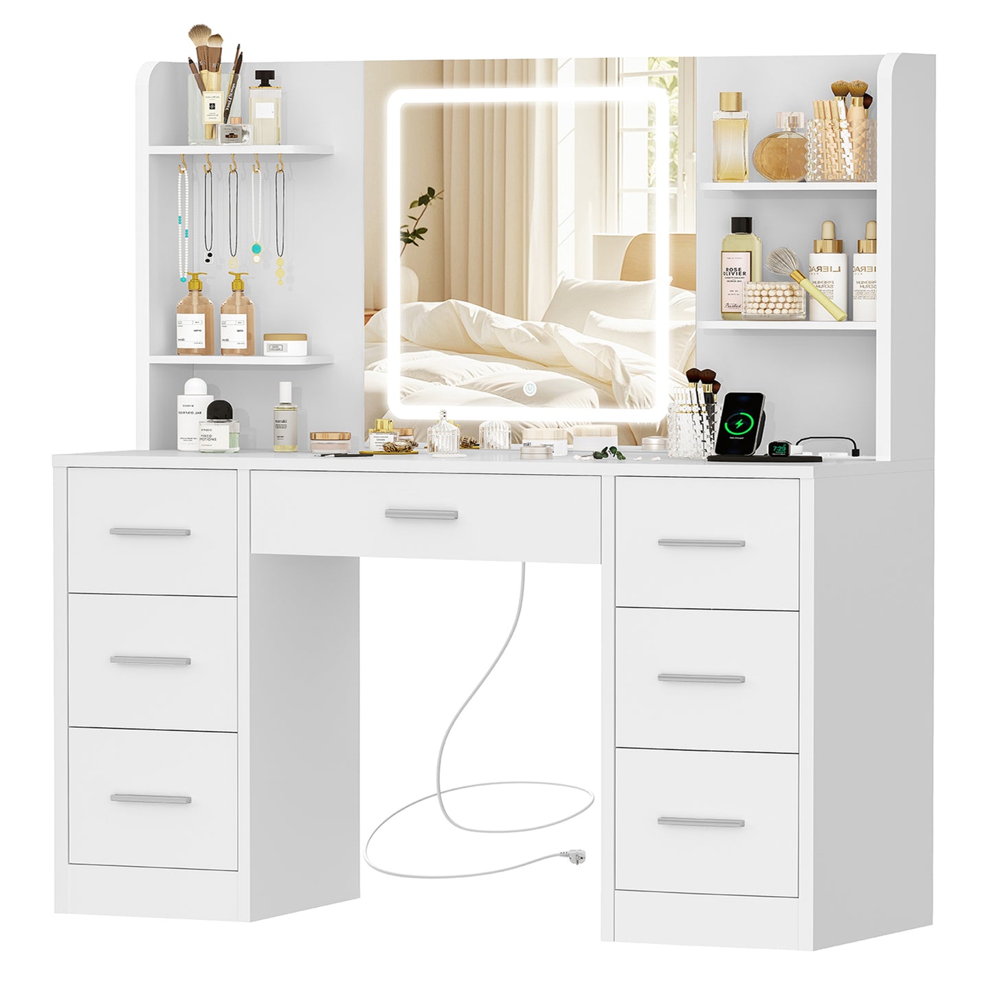 TEENFON Makeup Vanity with Dimmable LED Lights and Outlets, Makeup Table with Mirror, 4 Open Shelves, and 5 Jewelry Hooks, White, Vanity with 7 Drawers + LED Lights