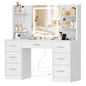 TEENFON Makeup Vanity with Dimmable LED Lights and Outlets, Makeup Table with Mirror, 4 Open Shelves, and 5 Jewelry Hooks, White, Vanity with 7 Drawers + LED Lights