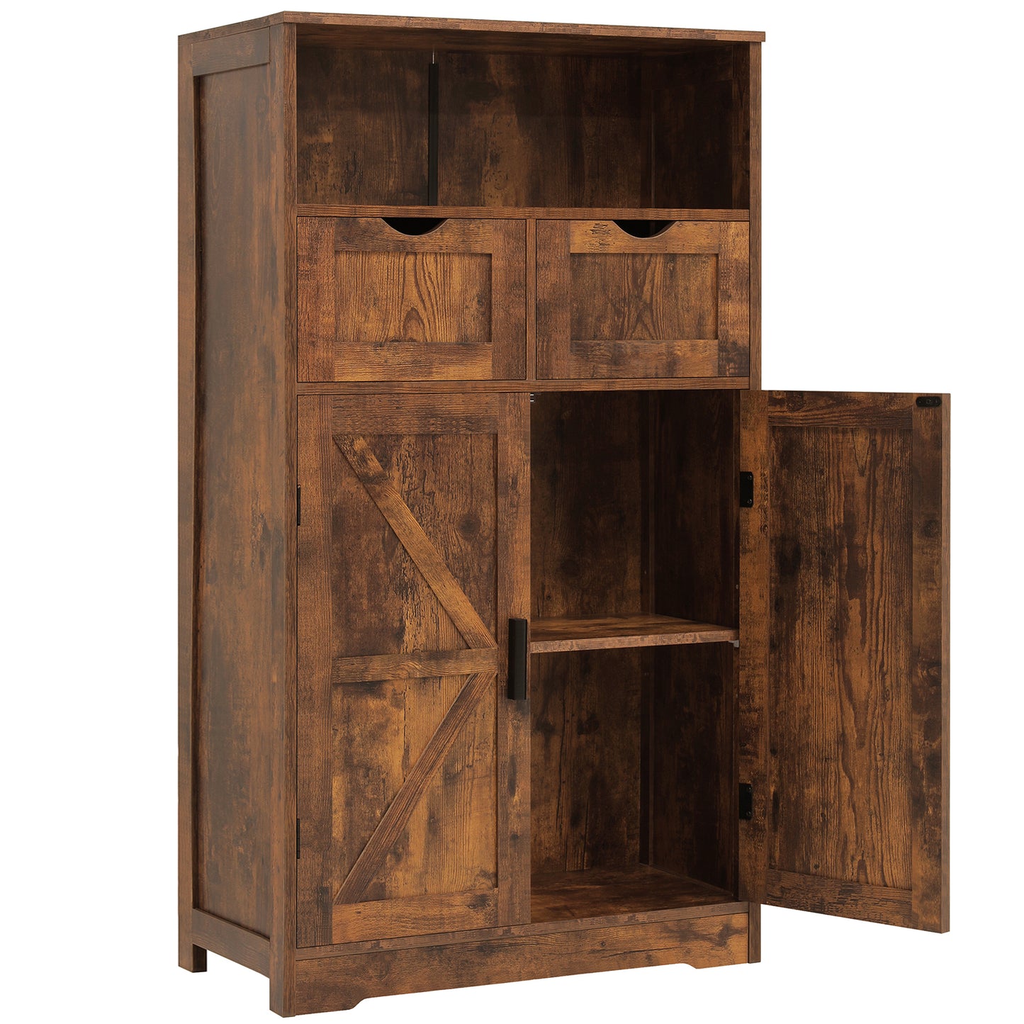 TEENFON Bathroom Cabinet, Storage Cabinet with 2 Adjustable Drawers & 2 Barn Doors, Standing Cupboard with 2 Shelf, Floor Cabinet for Living Room, Home Office, Kitchen, White