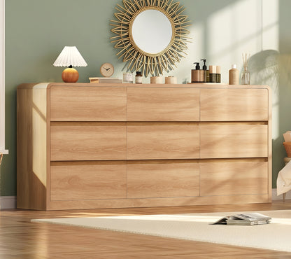 TEENFON 9 Drawer Dresser for Bedroom, 63" Wide Dressers & Chest of Drawers with Curved Profile Design, Wood Closet Storage Dressers Organizer for Bedroom, Living Room, Natural