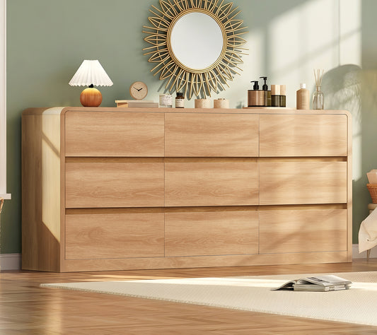 TEENFON 9 Drawer Dresser for Bedroom, 63" Wide Dressers & Chest of Drawers with Curved Profile Design, Wood Closet Storage Dressers Organizer for Bedroom, Living Room, Natural