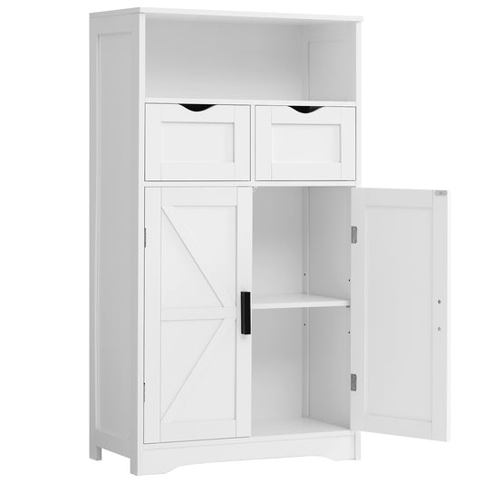 TEENFON Bathroom Cabinet, Storage Cabinet with 2 Adjustable Drawers & 2 Barn Doors, Standing Cupboard with 2 Shelf, Floor Cabinet for Living Room, Home Office, Kitchen, White