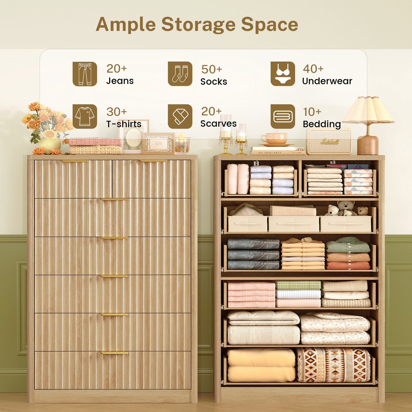 TEENOFN Fluted Dresser for Bedroom with 7 Drawers, 48" Tall Modern Chest of Drawers with Metal Handle, Wooden Dresser TV Stand, Wood Closet Clothes Storage Organizer for Living Room, Hallway, Natural