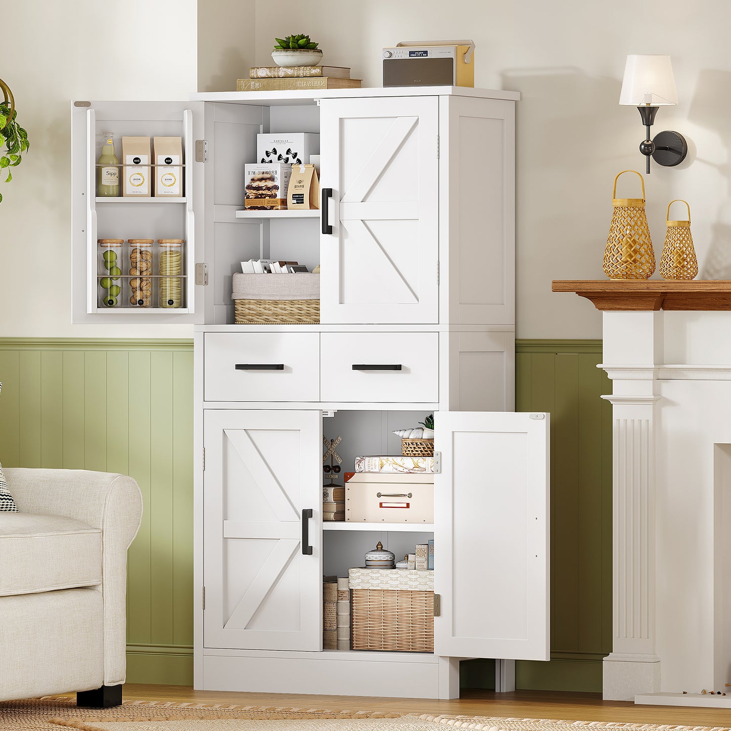 TEENFON 53" H Pantry Cabinet with 2 Drawers, Kitchen Storage Cabinet with 4 Door Shelves, Kitchen Pantry for Living Room, Dining Room, Bathroom, White
