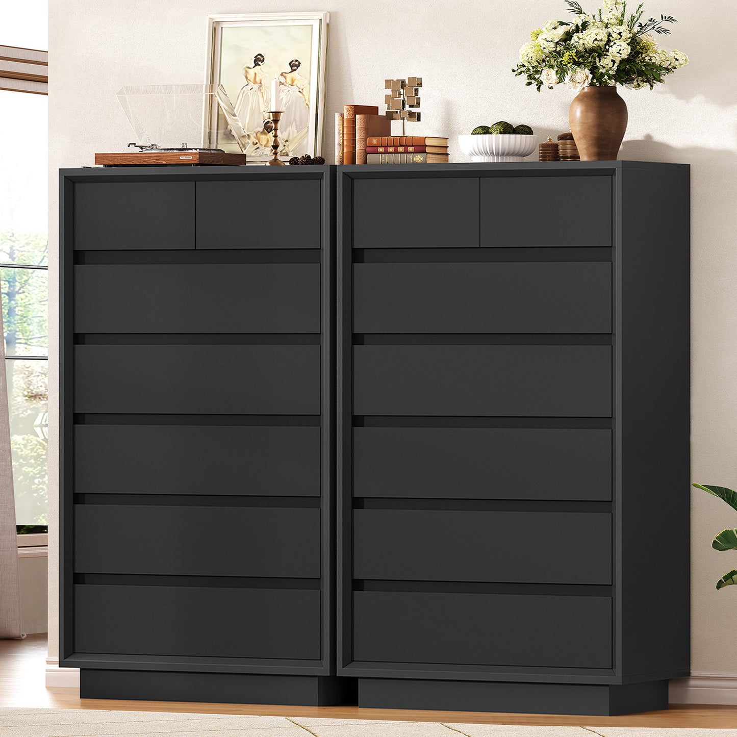TEENFON 51.6" Tall Dresser for Bedroom with 7 Drawers, Black Dresser with Metal Slide, Bedroom Dressers, Wood Dressers & Chests of Drawers for Bedroom, Hallway, Black