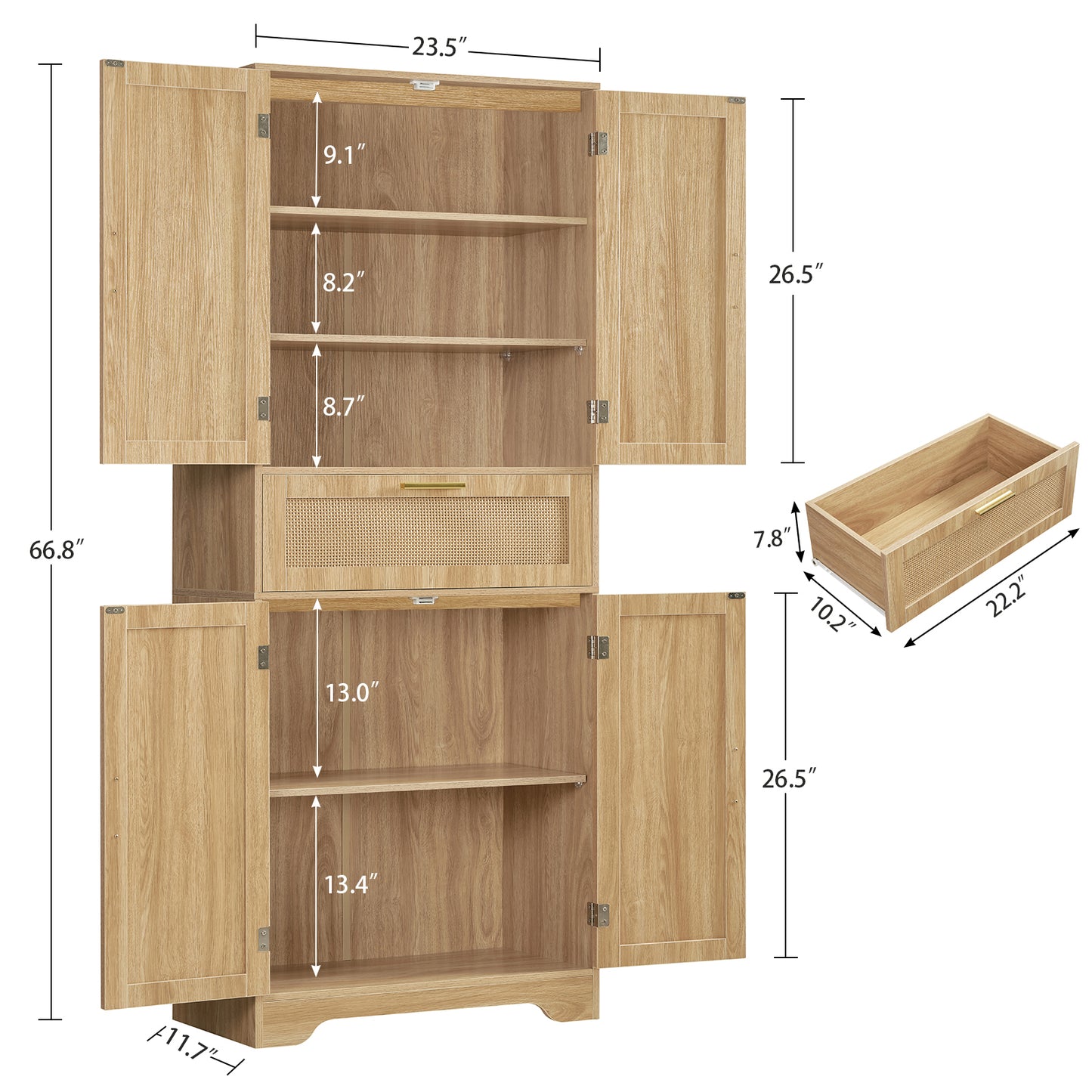 TEENFON Tall Storage Cabinet with 2 Adjustable Shelves & Large Drawer, Rattan Cabinet with 4 Doors, Pantry Cabinets for Dining Room, Living Room, Home Office, Natural