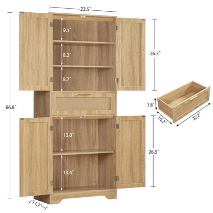 TEENFON Tall Storage Cabinet with 2 Adjustable Shelves & Large Drawer, Rattan Cabinet with 4 Doors, Pantry Cabinets for Dining Room, Living Room, Home Office, Natural
