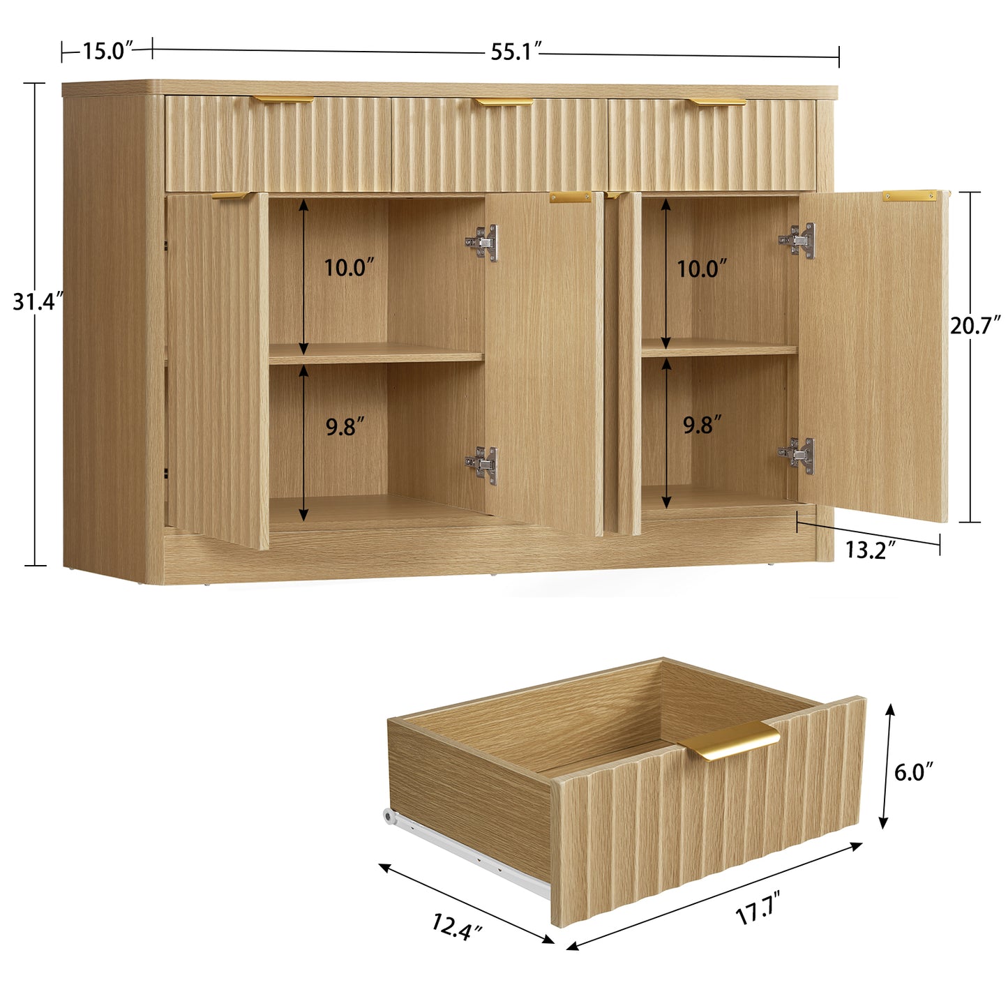 TEENEON Large Fluted Buffet Cabinet with 3 Drawers & 4 Doors, Sideboard Cabinet with 2 Adjustable Shelves, Coffee Bar Storage Cabinet for Kitchen, Living Room, Natural
