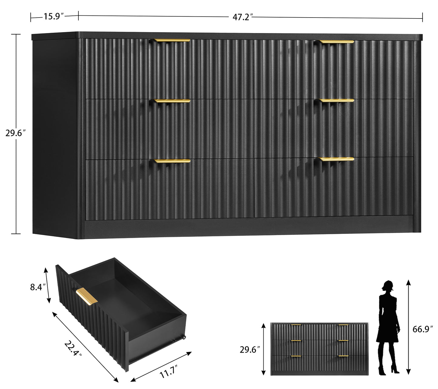 TEENFON Fluted 6 Drawer Dresser for Bedroom, Wide Modern Chest of Drawers with Metal Handle, Curved Profile Design, Wood Closet Clothes Storage Organizer for Bedroom, Living Room, Hallway, Black