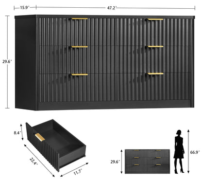 TEENFON Fluted 6 Drawer Dresser for Bedroom, Wide Modern Chest of Drawers with Metal Handle, Curved Profile Design, Wood Closet Clothes Storage Organizer for Bedroom, Living Room, Hallway, Black