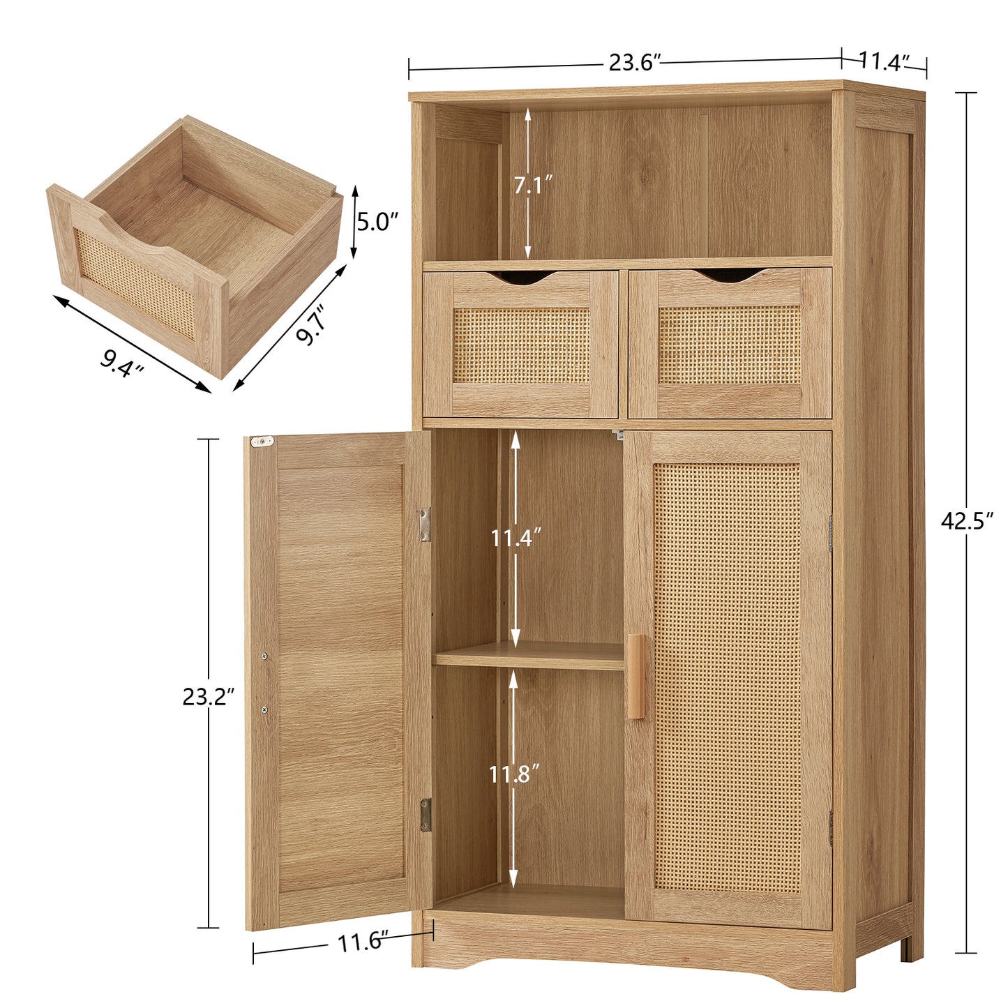 TEENFON Storage Cabinet with 2 Drawers & Adjustable Shelves, Rattan Cabinet, Kitchen Pantry Cabinets, Cupboard for Living Room, Kitchen, Home Office, Natural