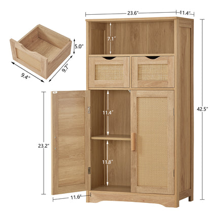 TEENFON Storage Cabinet with 2 Drawers & Adjustable Shelves, Rattan Cabinet, Kitchen Pantry Cabinets, Cupboard for Living Room, Kitchen, Home Office, Natural