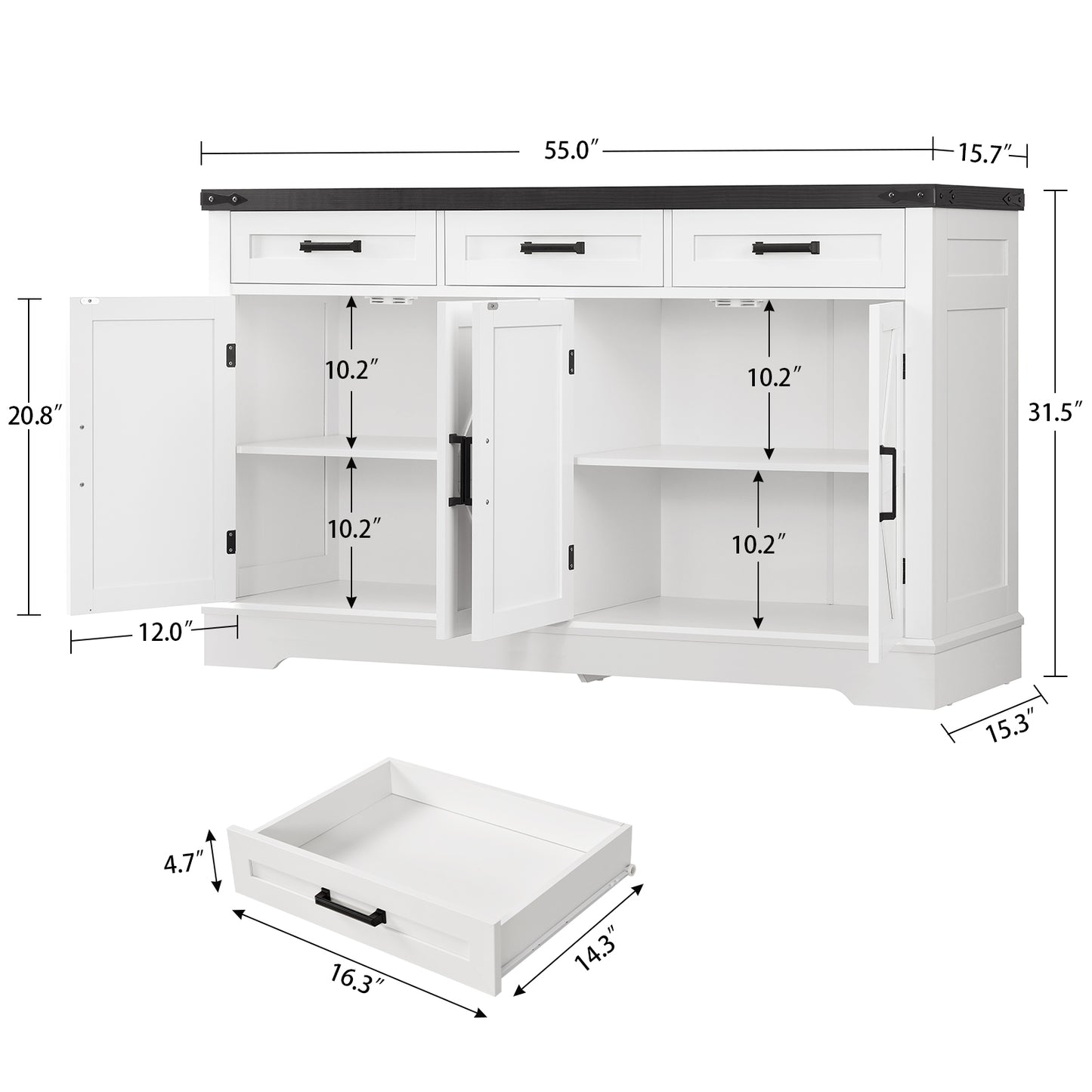 TEENFON 55”W Buffet Cabinet with 3 Large Drawers & 2 Adjustable Shelves, Modern Farmhouse Sideboard Buffet Cabinet with Storage, Credenza, Coffee Bar, White