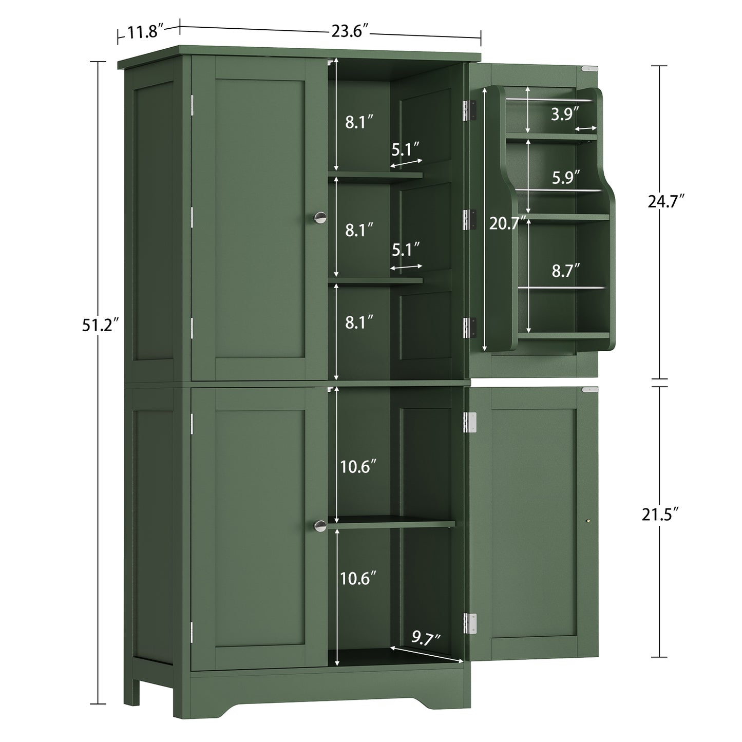 TEENFON 51" H Pantry Cabinet with 4 Doors, Kitchen Cabinet with 6 Door Shelves, Kitchen Pantry for Living Room, Dining Room, Bathroom, Green