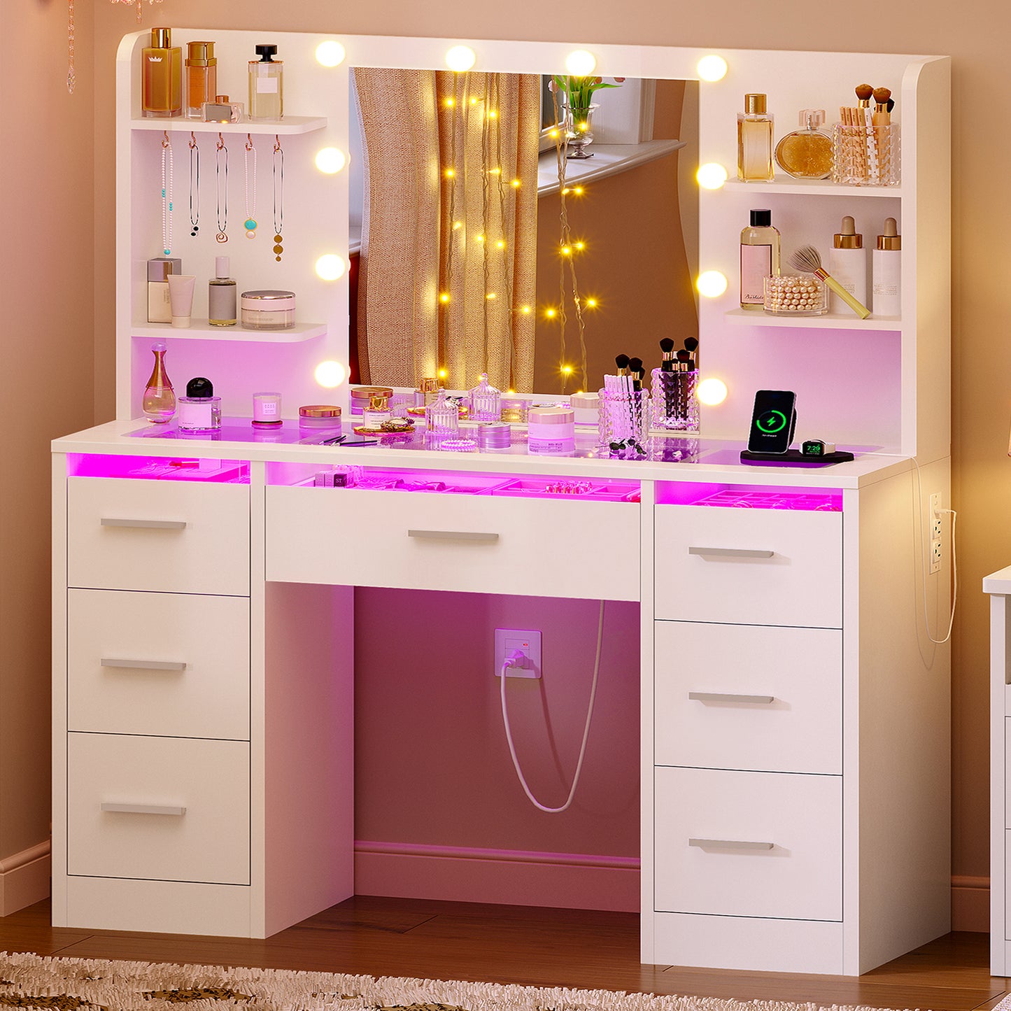 Makeup Vanity Desk with Mirror and Lights, White Vanity with Glass Top, 3 Colors LED Lights & Power Outlet, Vanity with RGB Drawers, Adjustable Lighted Dressing Table for Women & Girls Bedroom