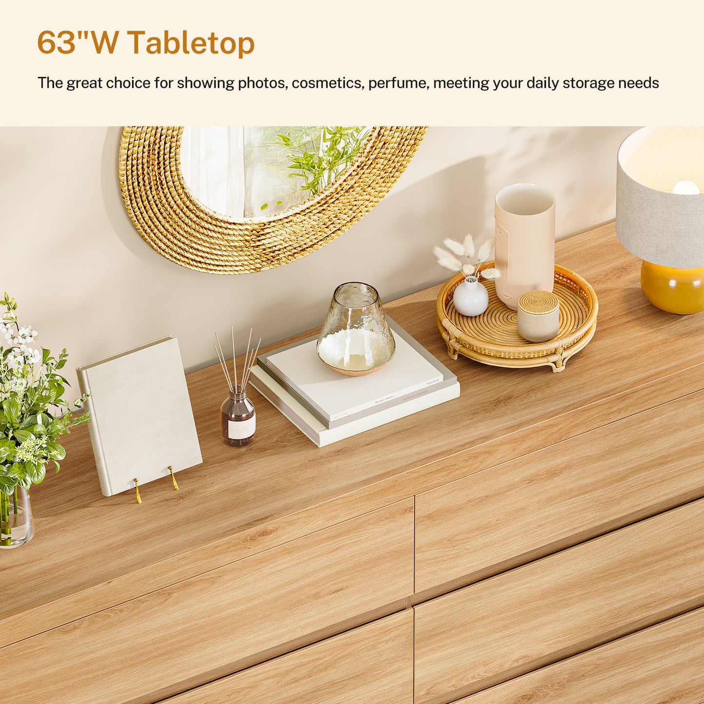 TEENFON 55" Dresser for Bedroom with 6 Drawers, Modern Dressers & Chests of Drawers with Metal Handles, Wooden Dresser TV Stand, Bedroom Dressers for Living Room, Hallway, Natural