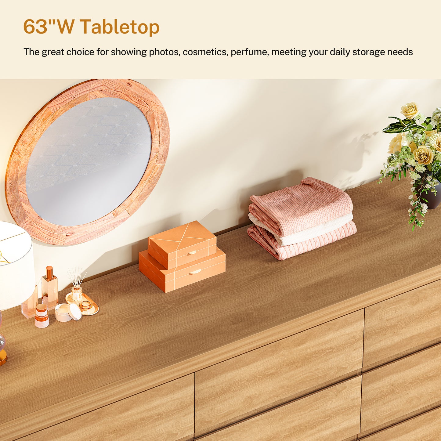 TEENFON 63" Dresser for Bedroom with 9 Drawers, Modern Dressers & Chests of Drawers with Metal Handles, Wooden Dresser TV Stand, Bedroom Dressers for Living Room, Hallway, Natural