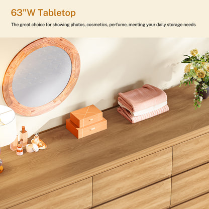 TEENFON 63" Dresser for Bedroom with 9 Drawers, Modern Dressers & Chests of Drawers with Metal Handles, Wooden Dresser TV Stand, Bedroom Dressers for Living Room, Hallway, Natural