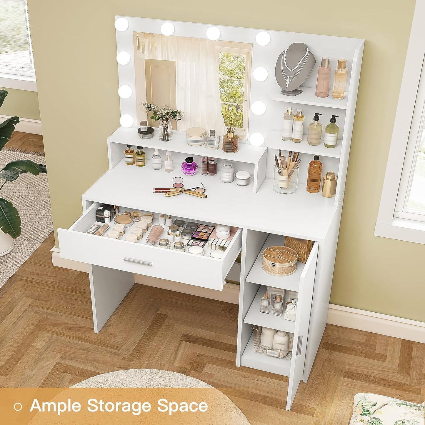 TEENFON Vanity Desk with 10 Lights & Mirror, 3 Storage Shelf, Big Drawer, Cabinet with Shelves, 3 Lighting Modes & Adjustable Brightness Dressing Table, Small Makeup Vanity, 35.5” Desk,White