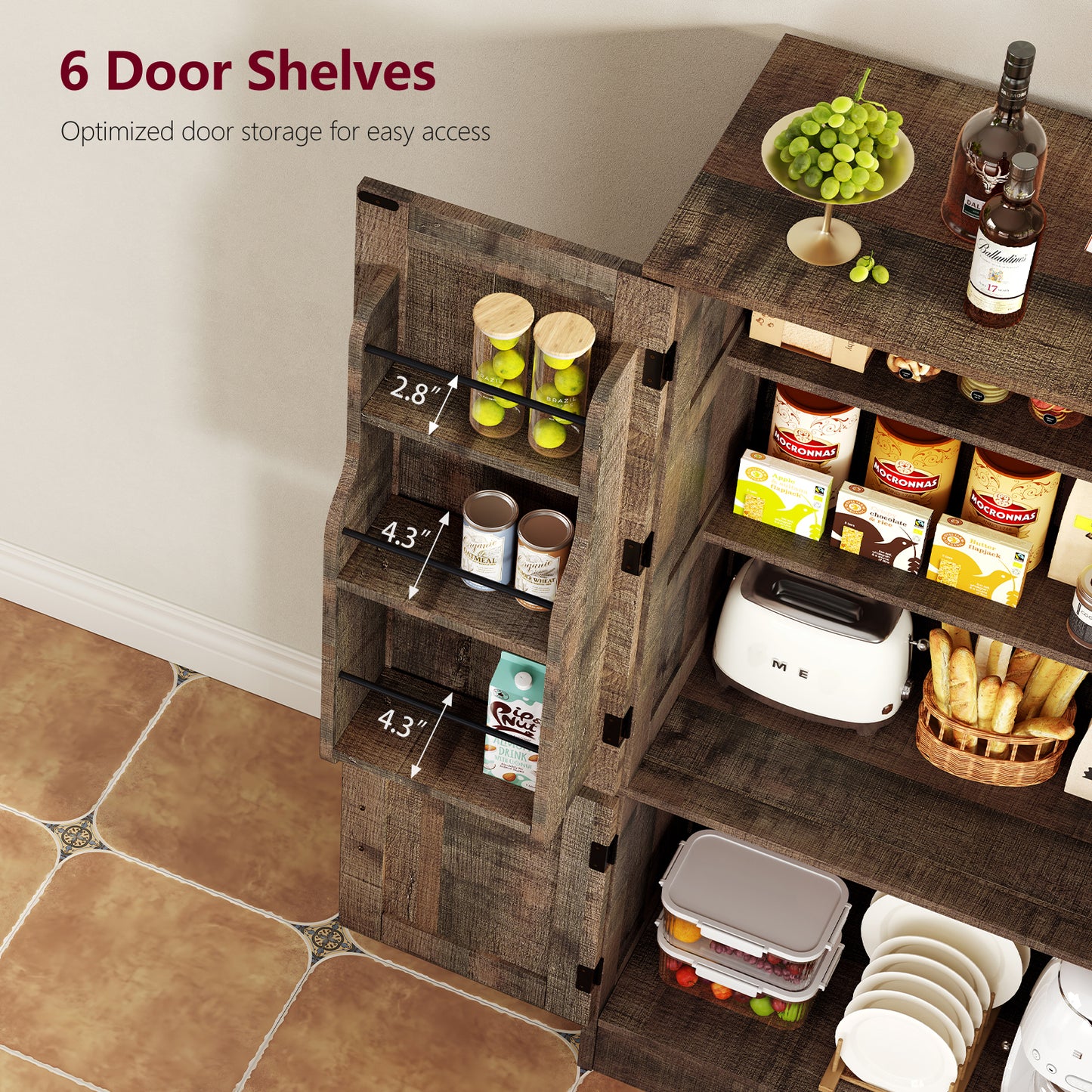 TEENFON 43.3 Tall Metal Kitchen Pantry Storage Cabinets with 2 Door and 5 Adjustable Shelves, Cupboard for Kitchen, Dining Room, Living Room and Bathroom,