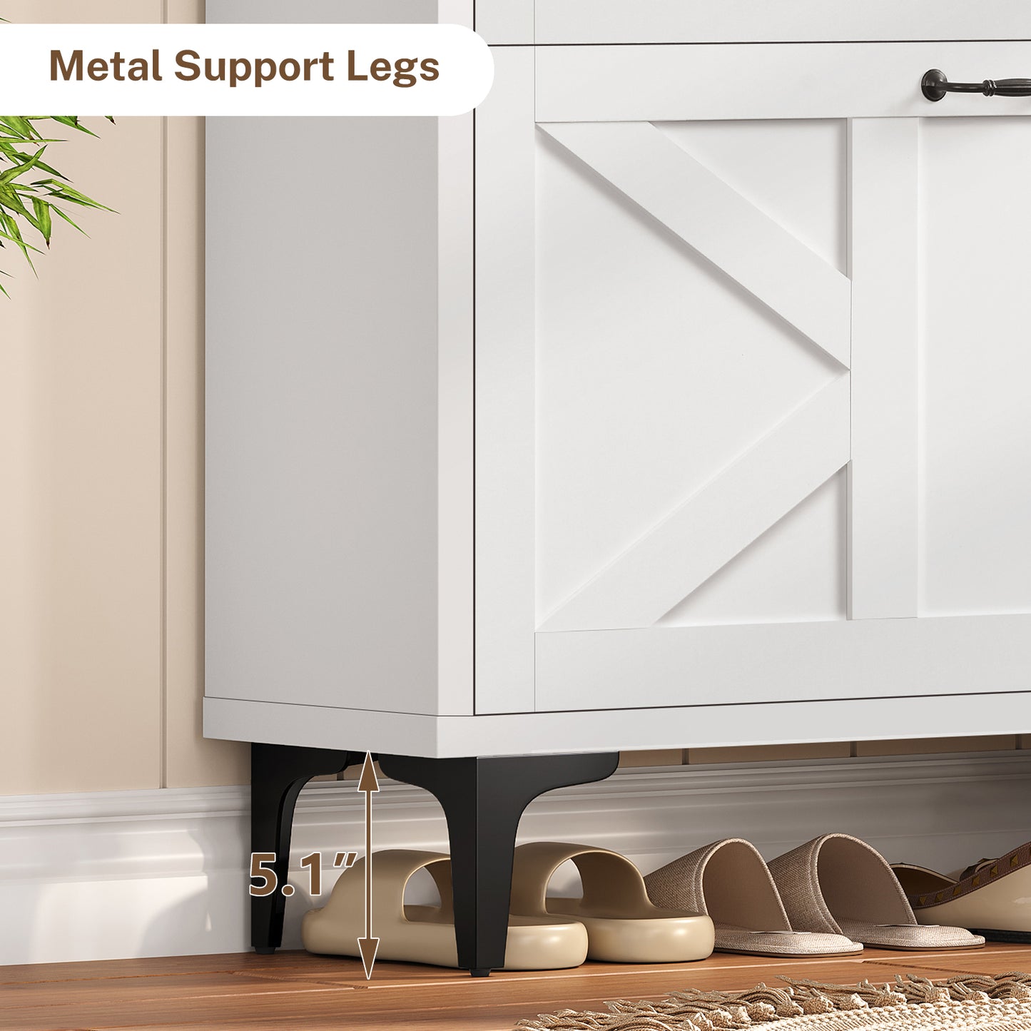 TEENFON Shoe Cabinet with 2 Flip Drawers, Shoe Storage Cabinet with Mesh Sliding Drawer, Freestanding Shoe Organizer with Metal Legs & 2 Hooks, Narrow Shoe Rack for Entryway, Hallway, White