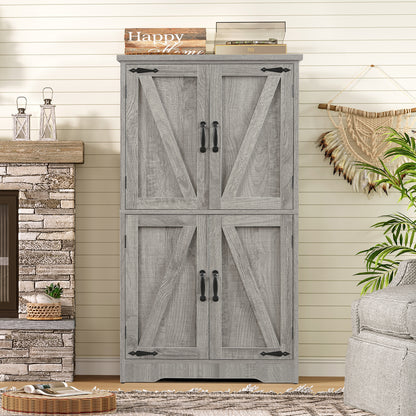 TEENFON Farmhouse Storage Cabinet with 2 Adjustable Shelves, Bathroom Cabinet with 4 Doors, Cupboard for Kitchen, Living Room, Rustic Gray