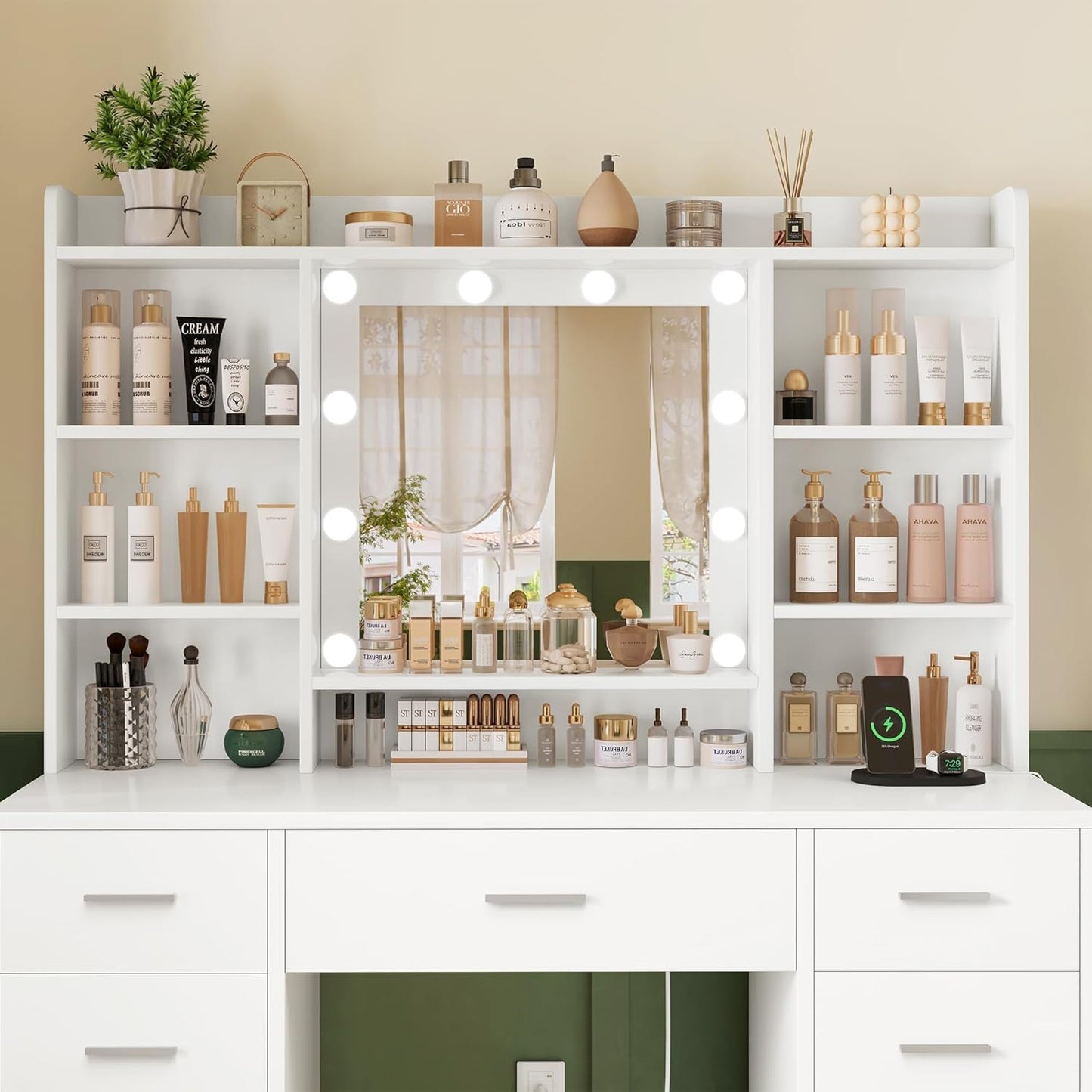 TEENFON Vanity Desk with Mirror and Lights, Power Outlet, Makeup Vanity with 9 Drawers & 6 Open Storage Shelves, 3 Lighting Modes Brightness Adjustable, White