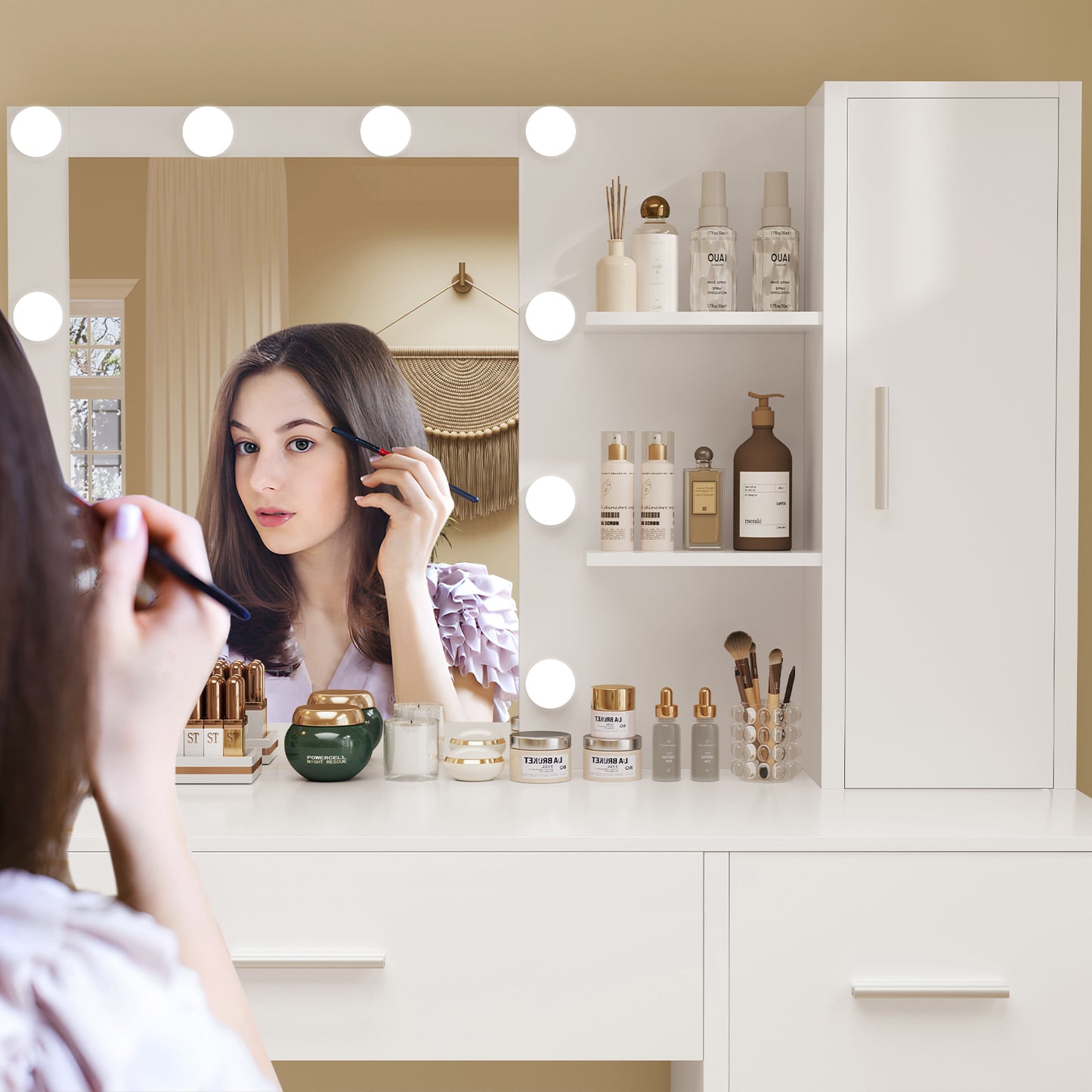 TEENFON Makeup Vanity with Lights, Vanity Desk with Mirror and 10 LED Lights, White Table with 4 Drawers, Cabinet & 4 Necklace Hooks, Dressing Table for Bedroom,Grils Vanity, White