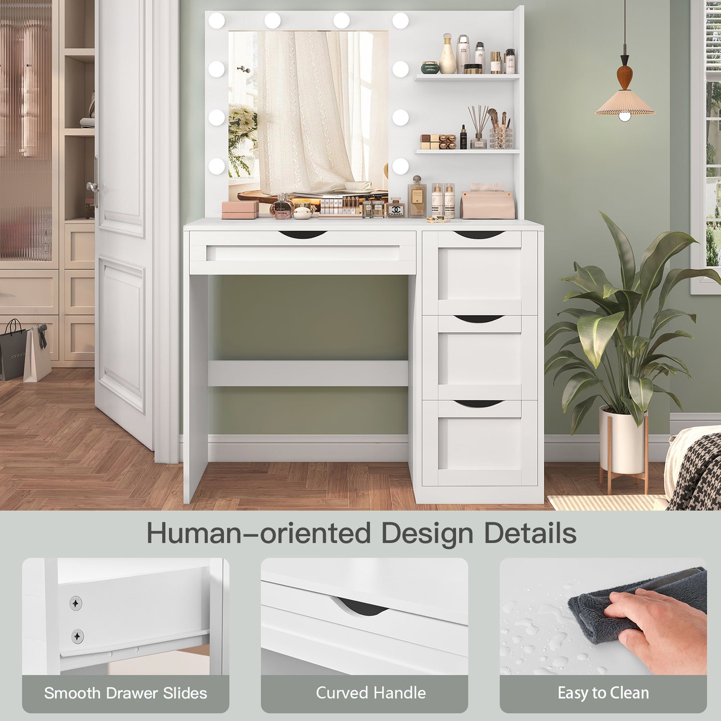 TEENFON Vanity Desk with Mirror and 10 LED Lights, Makeup Vanity Table Set with 4 Drawers, Make Desk Dressing Table with 2 Storage Shelves, Vanity Set 3 Lighting Modes for Bedroom, Girls Vanity,White