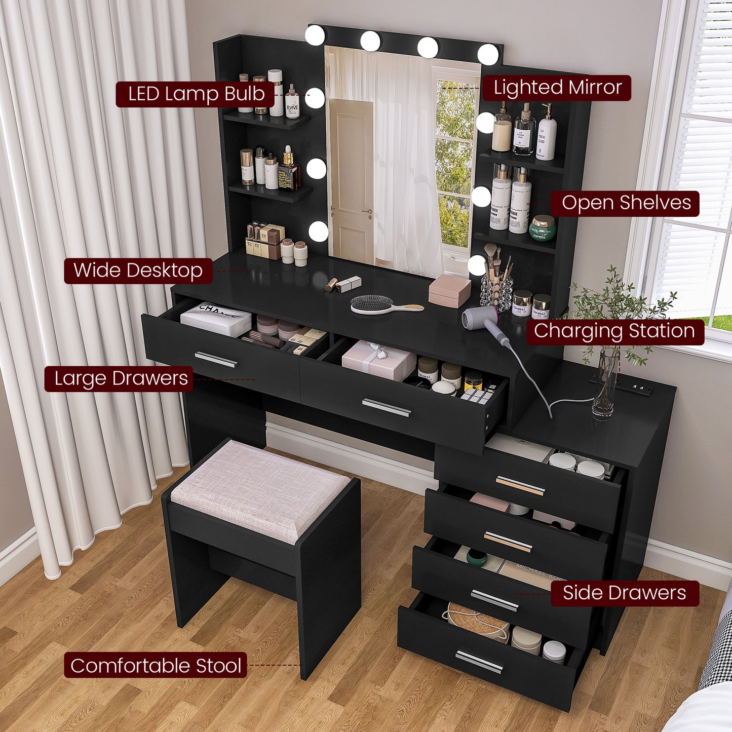 TEENFON 48" Large Vanity Desk with Mirror and Lights, Makeup Vanity with 6 Drawers, Power Outlet, Vanity Makeup Mirror Desk Table Set with 4 Storage Shelves & Stool, Best Gift for Women Girls,Black