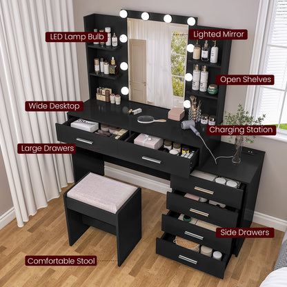 TEENFON 48" Large Vanity Desk with Mirror and Lights, Makeup Vanity with 6 Drawers, Power Outlet, Vanity Makeup Mirror Desk Table Set with 4 Storage Shelves & Stool, Best Gift for Women Girls,Black