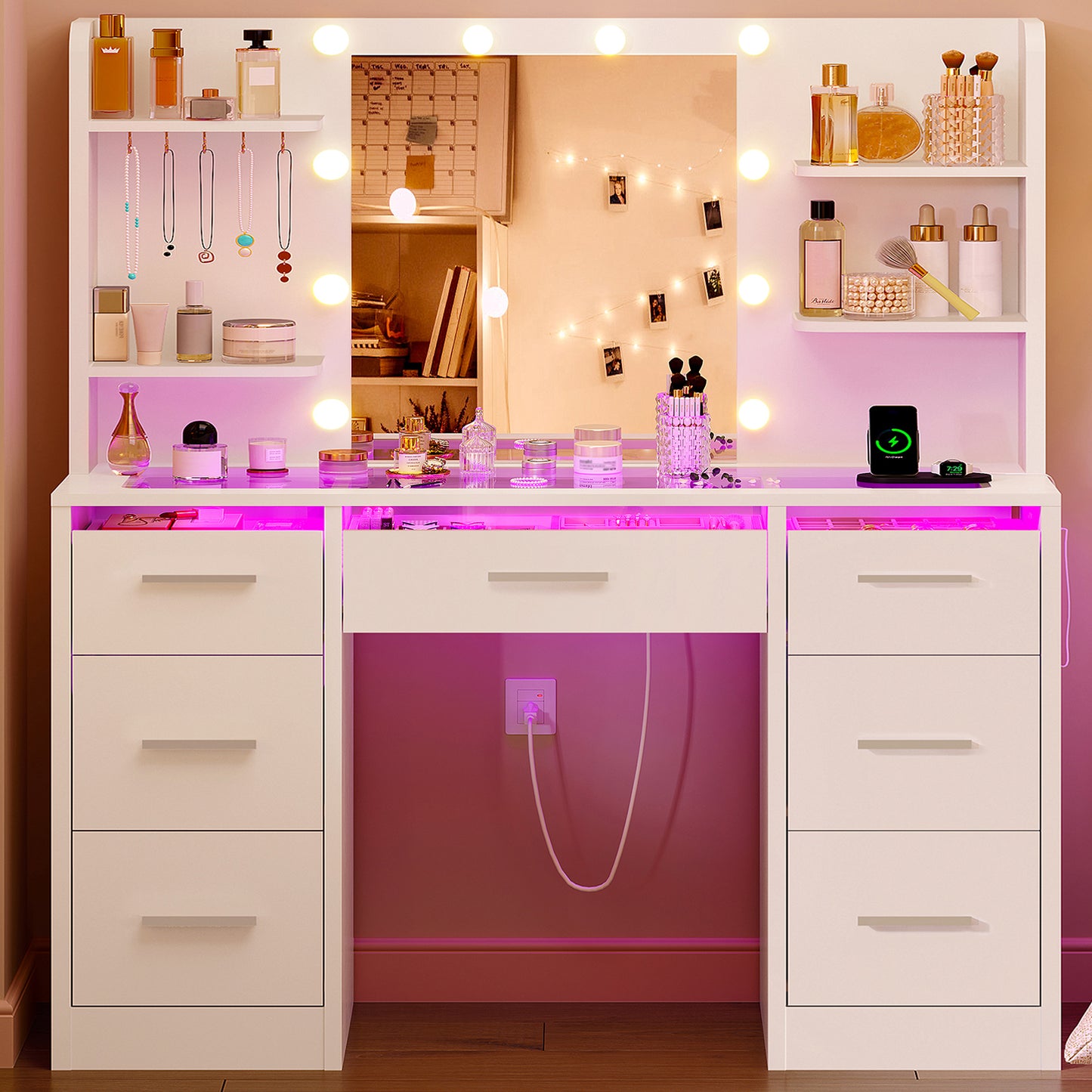 Makeup Vanity Desk with Mirror and Lights, White Vanity with Glass Top, 3 Colors LED Lights & Power Outlet, Vanity with RGB Drawers, Adjustable Lighted Dressing Table for Women & Girls Bedroom